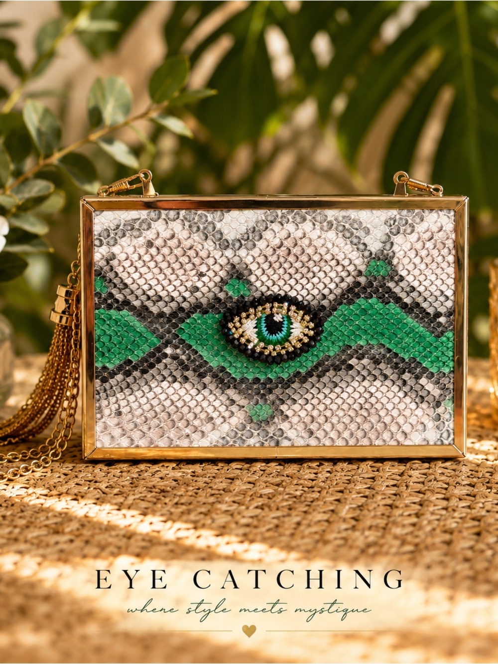 Green Eye-Embellished Snake-Print Clutch Bag
